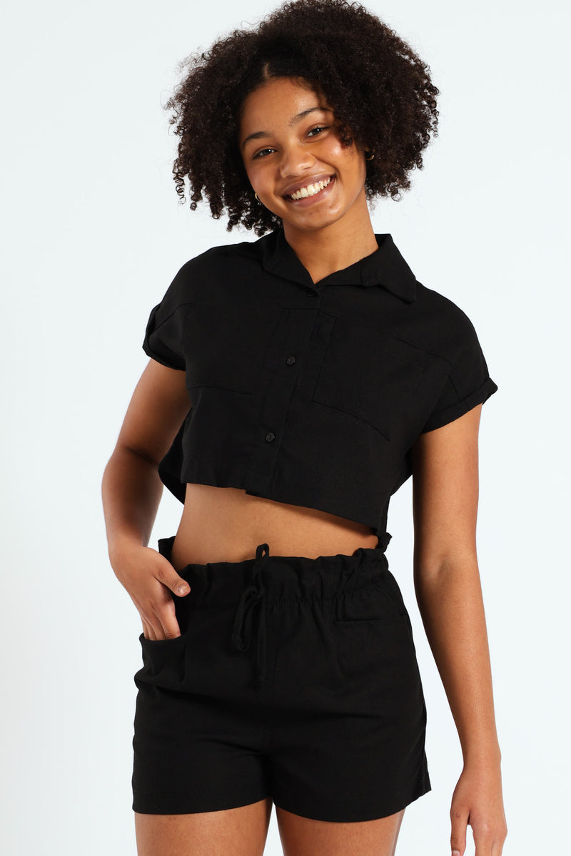 Girls Deep Pocket Linen Shorts - Black