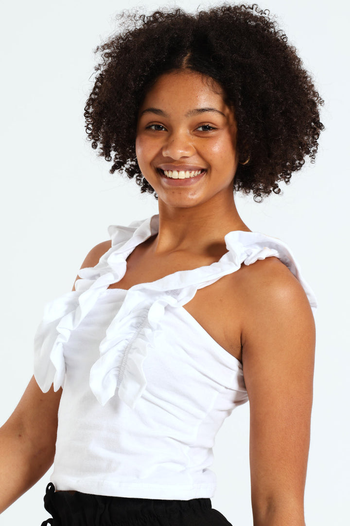 Girls Frilled Lycra Top - White