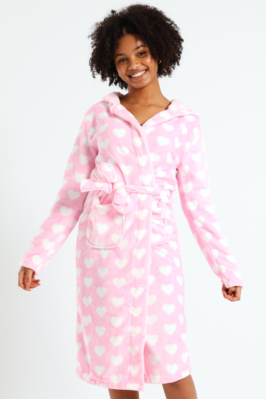 Girls Hearts Print Hooded Gown - Pink
