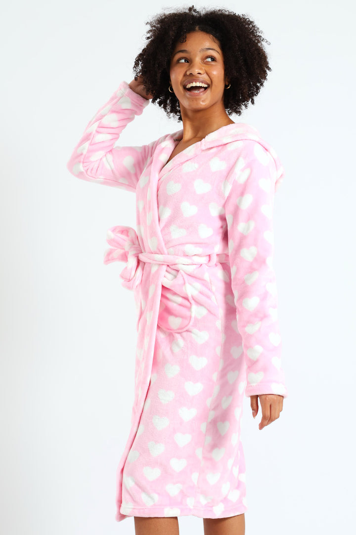 Girls Hearts Print Hooded Gown - Pink