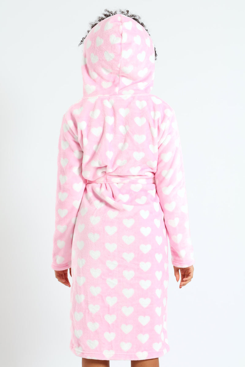 Girls Hearts Print Hooded Gown - Pink