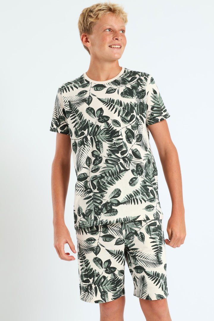 Boys Leaf Print Tee - Cream