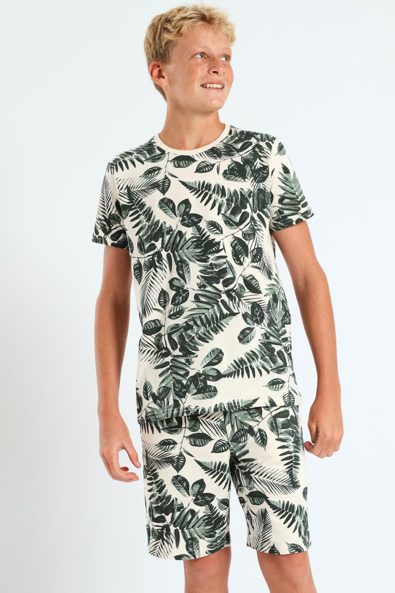 Boys Leaf Print Tee - Cream