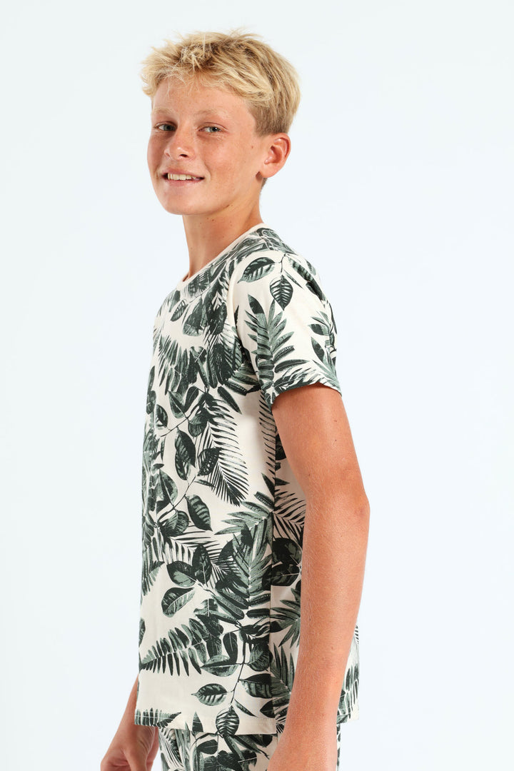 Boys Leaf Print Tee - Cream