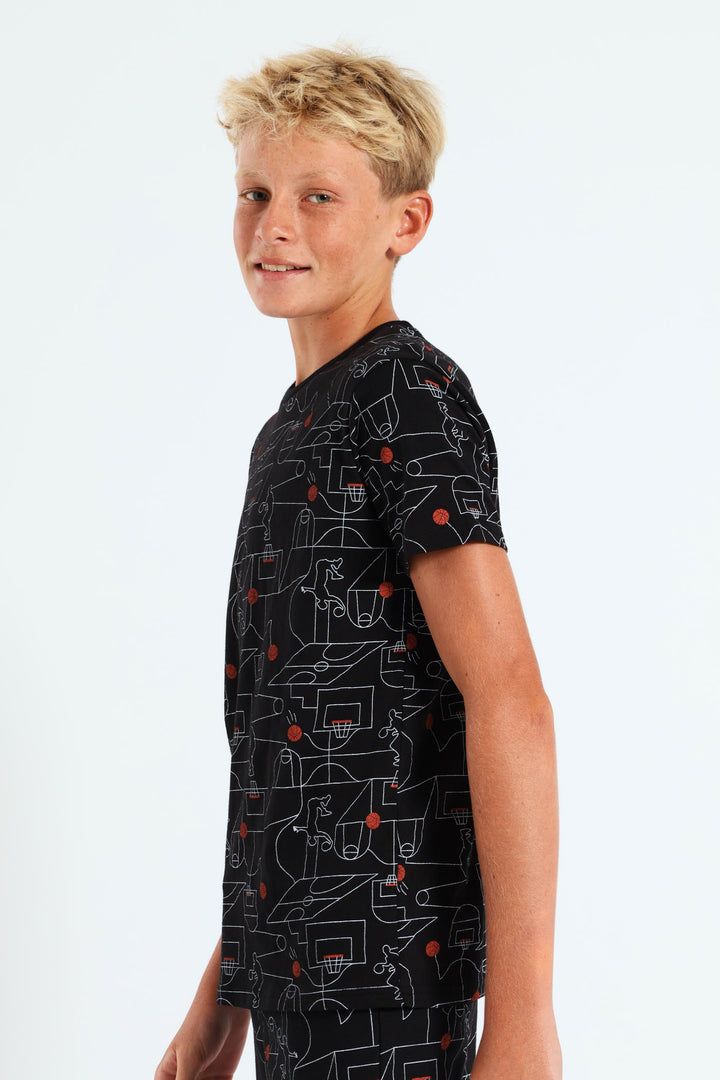 Boys Baskebtall Print Tee - Black