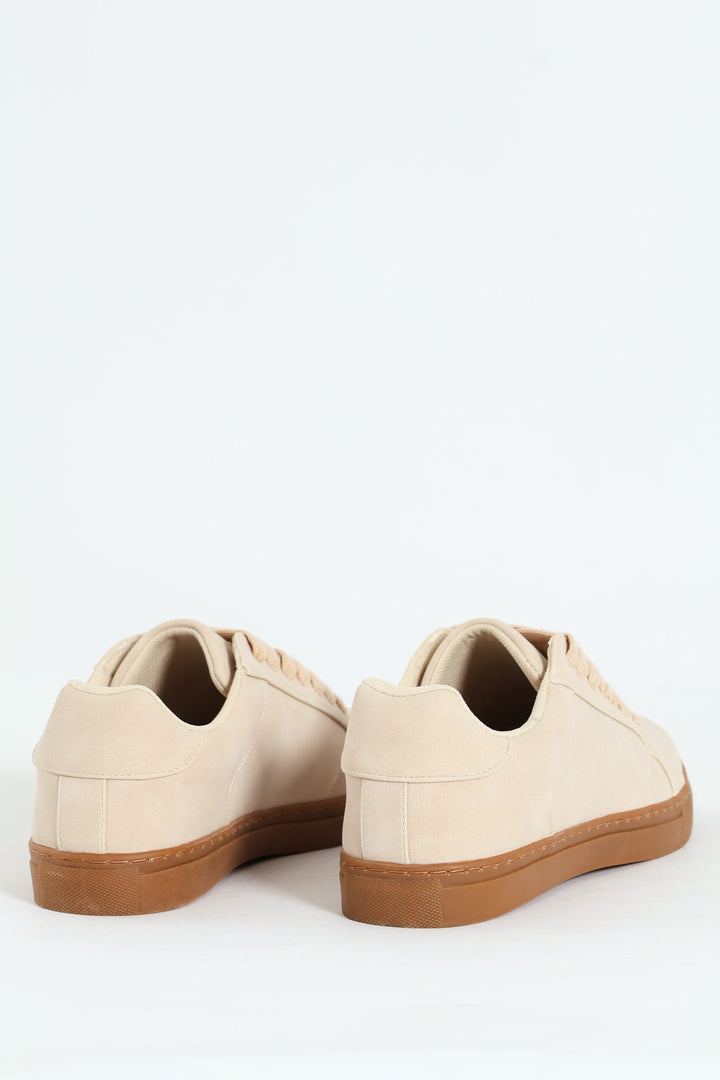 PU Lace Up Sneaker With Gum Sole - Stone