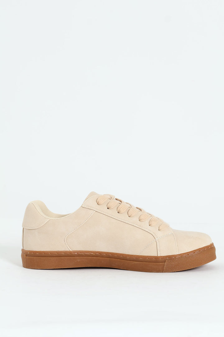 PU Lace Up Sneaker With Gum Sole - Stone