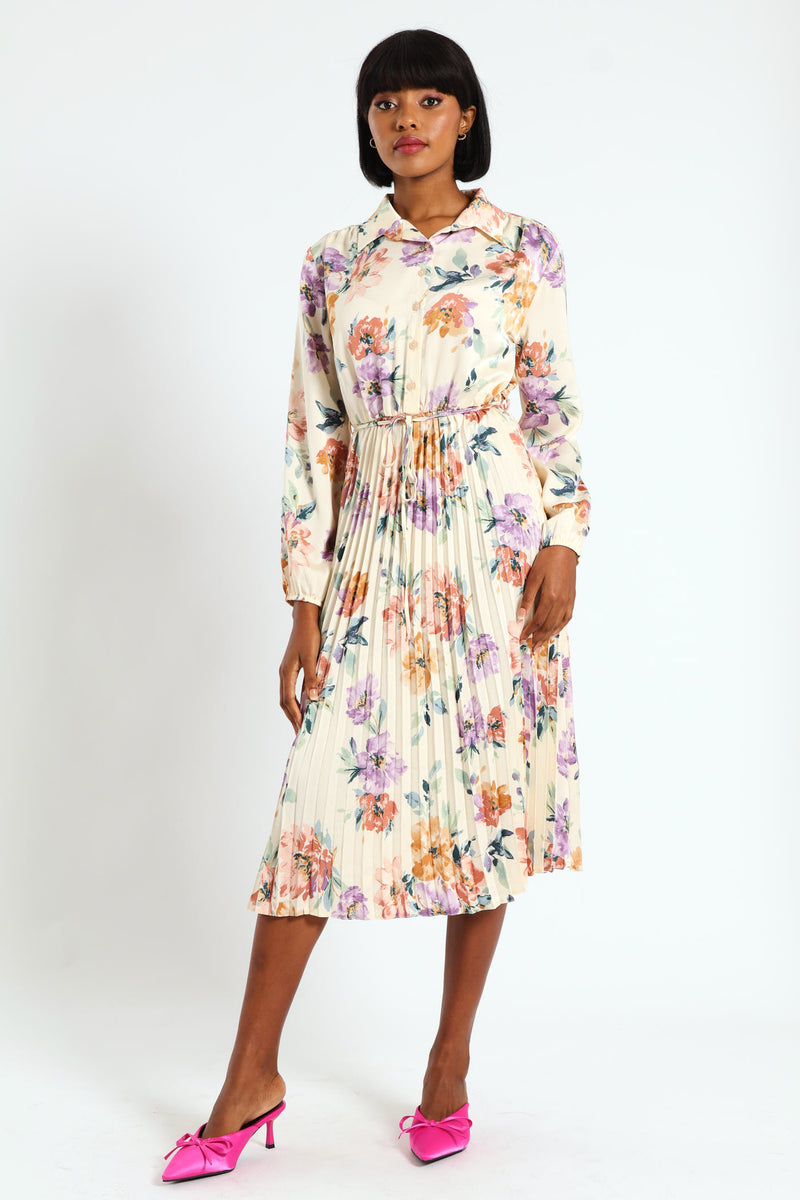 Long Sleeve Button Through Pleated Dress - Cream