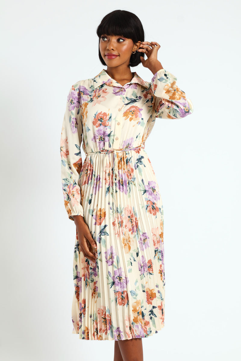 Long Sleeve Button Through Pleated Dress - Cream