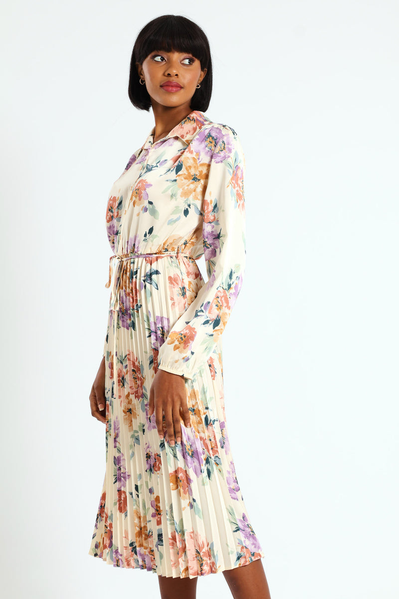 Long Sleeve Button Through Pleated Dress - Cream