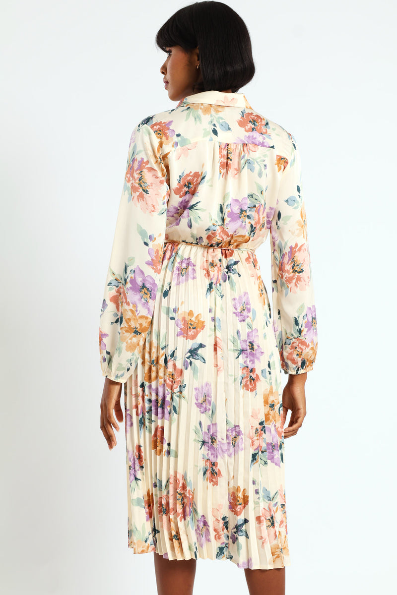 Long Sleeve Button Through Pleated Dress - Cream