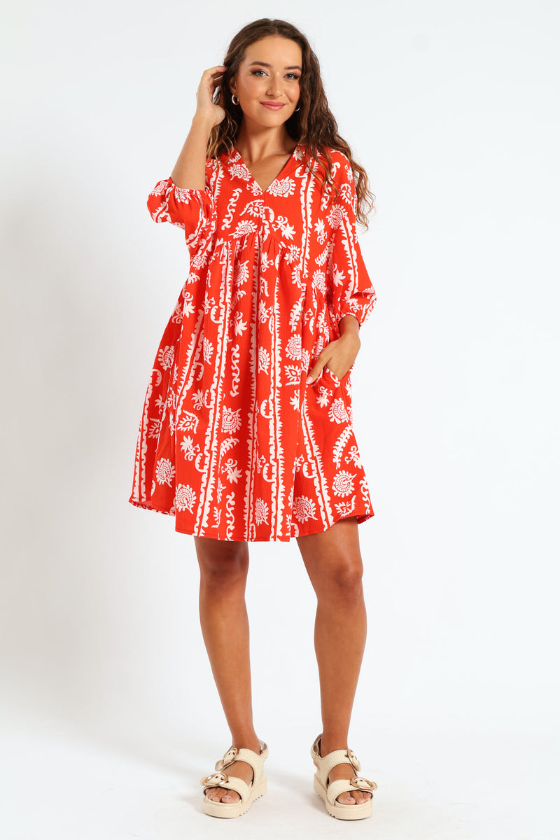 3/4 Sleeve V-Neck Babydoll Mini Dress - Bright Orange