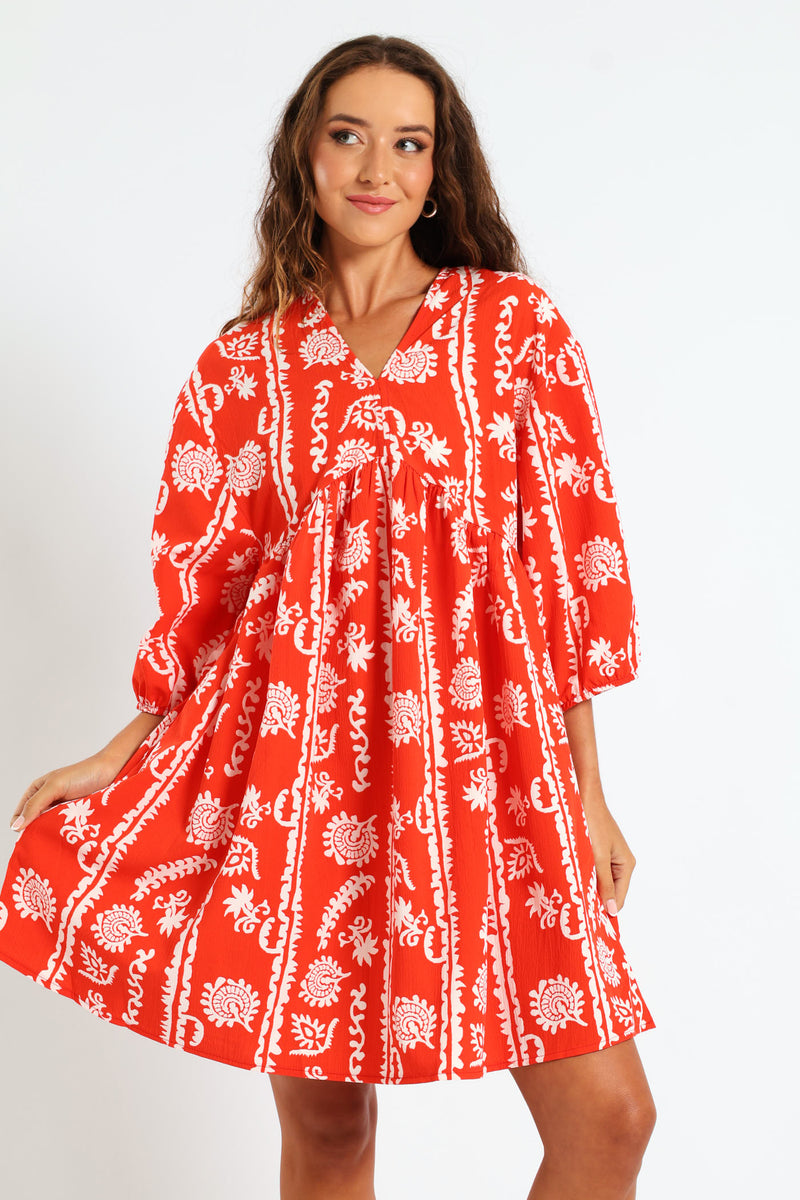 3/4 Sleeve V-Neck Babydoll Mini Dress - Bright Orange