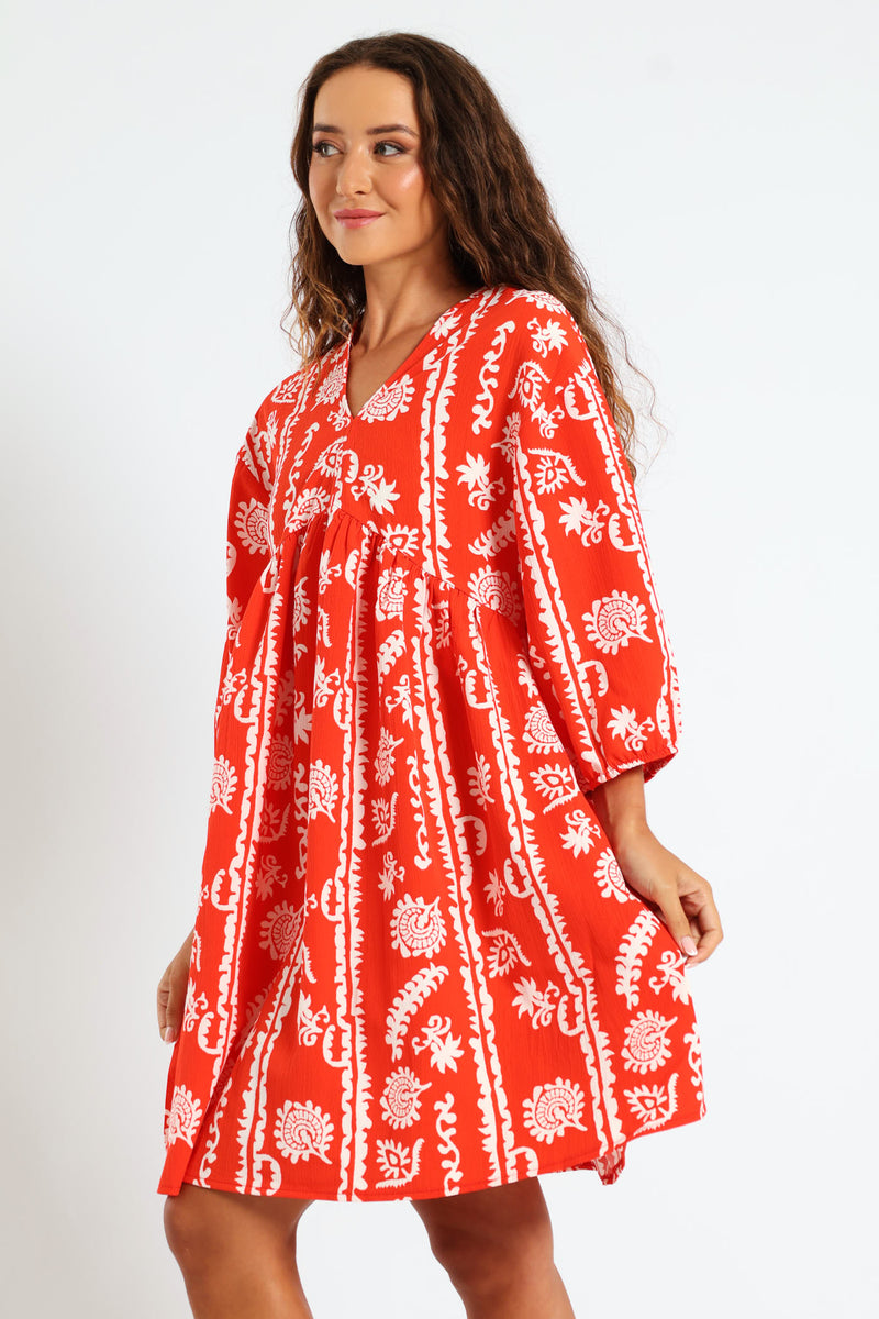 3/4 Sleeve V-Neck Babydoll Mini Dress - Bright Orange