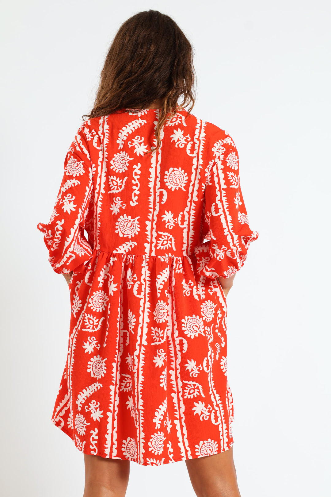 3/4 Sleeve V-Neck Babydoll Mini Dress - Bright Orange