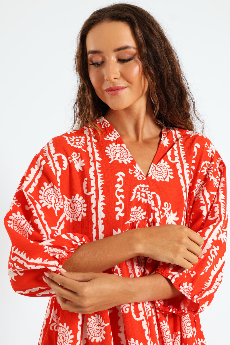 3/4 Sleeve V-Neck Babydoll Mini Dress - Bright Orange