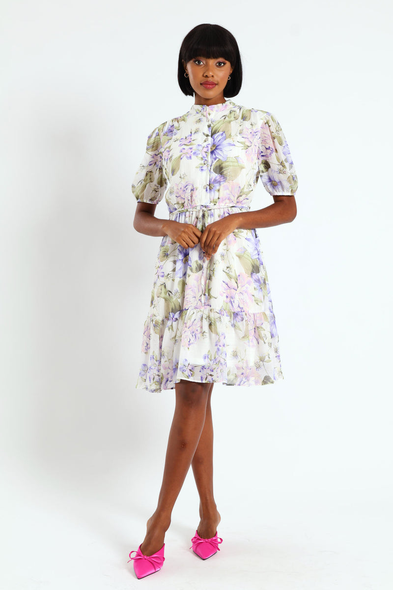 Mandarin Collar 3/4 Sleeve Floral Tea Dress - Lilac