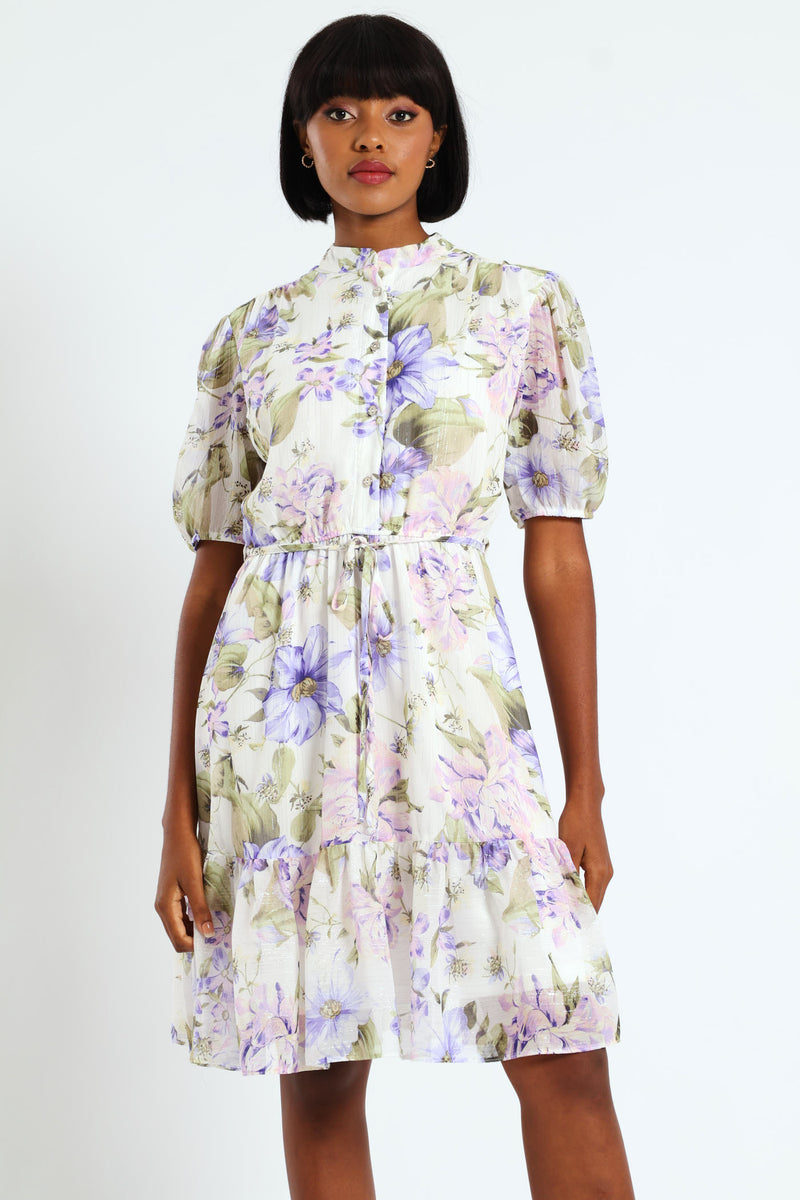 Mandarin Collar 3/4 Sleeve Floral Tea Dress - Lilac