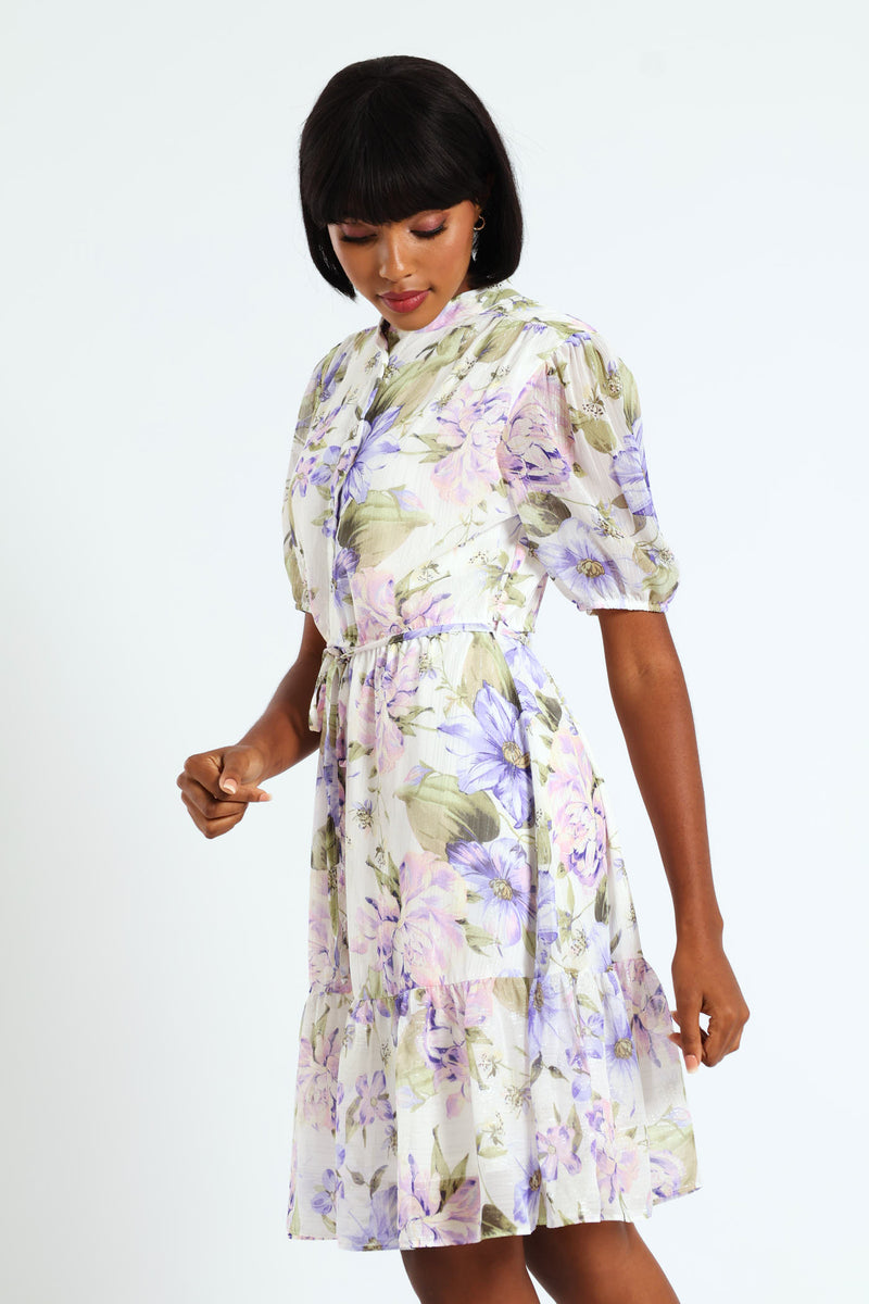 Mandarin Collar 3/4 Sleeve Floral Tea Dress - Lilac