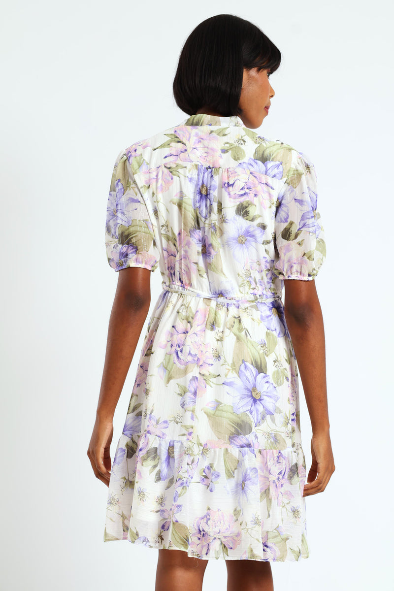Mandarin Collar 3/4 Sleeve Floral Tea Dress - Lilac
