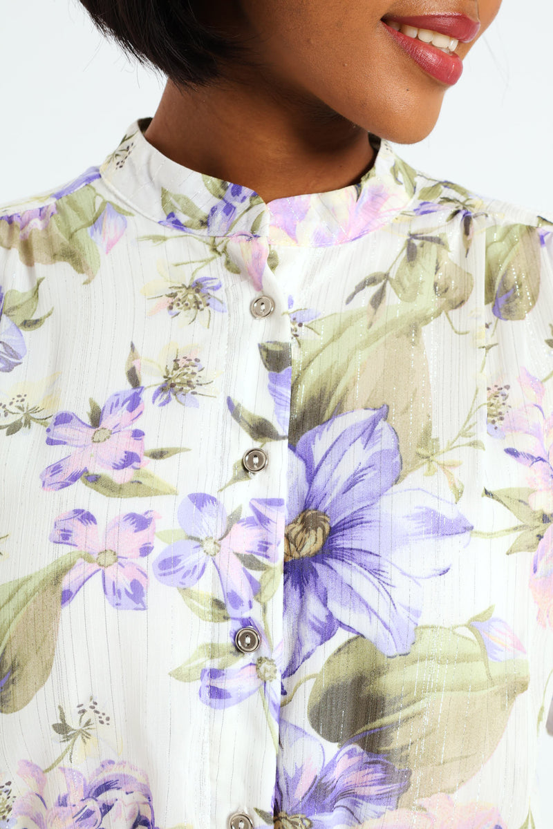 Mandarin Collar 3/4 Sleeve Floral Tea Dress - Lilac