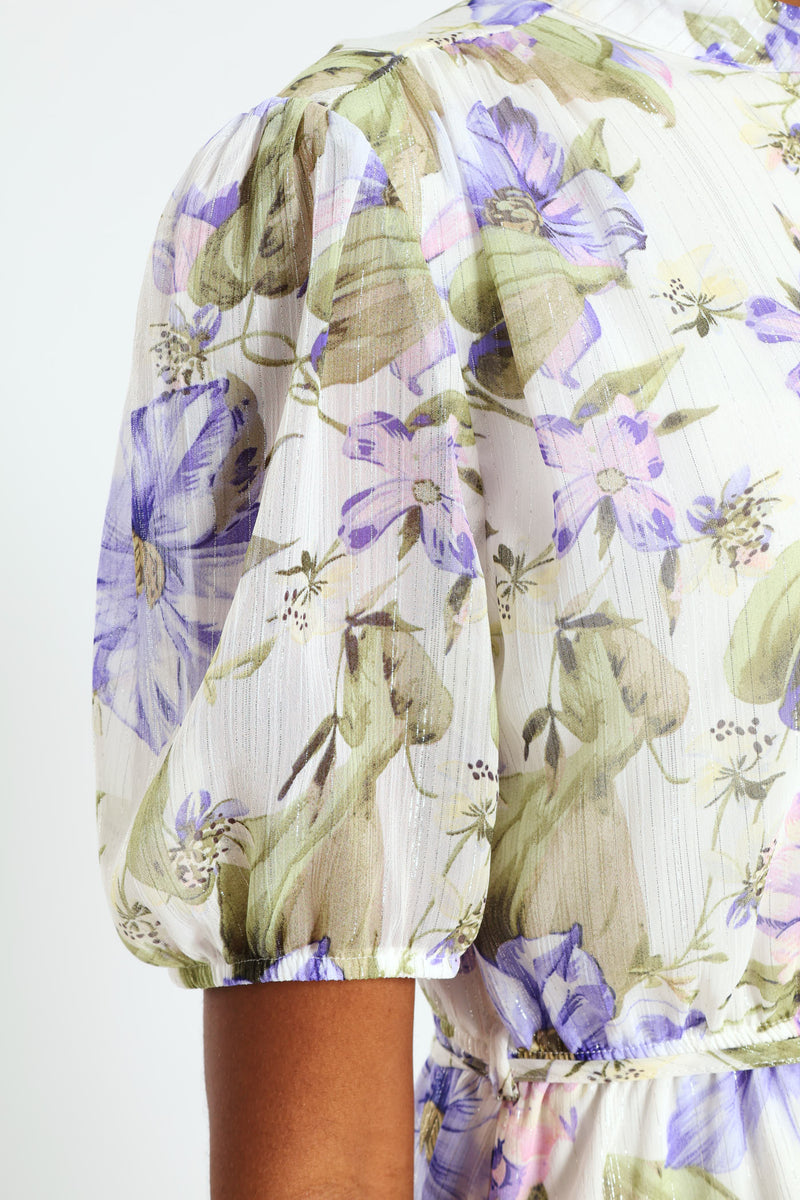 Mandarin Collar 3/4 Sleeve Floral Tea Dress - Lilac