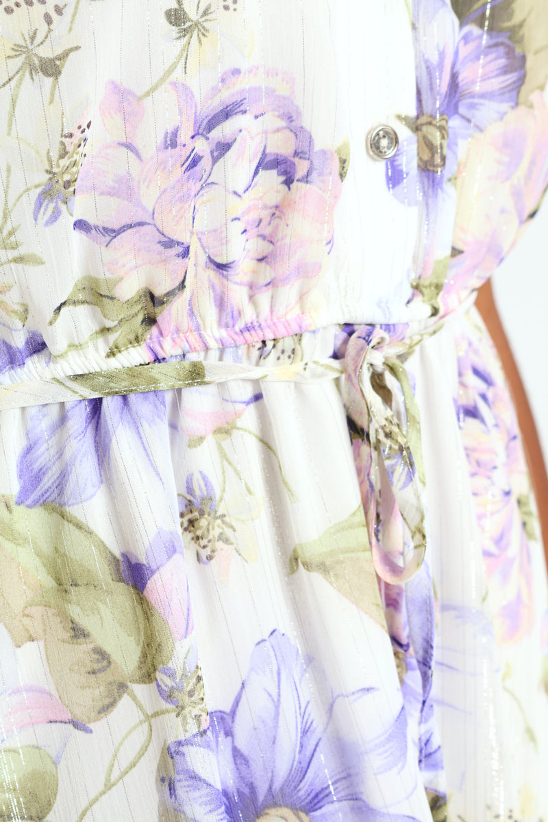 Mandarin Collar 3/4 Sleeve Floral Tea Dress - Lilac