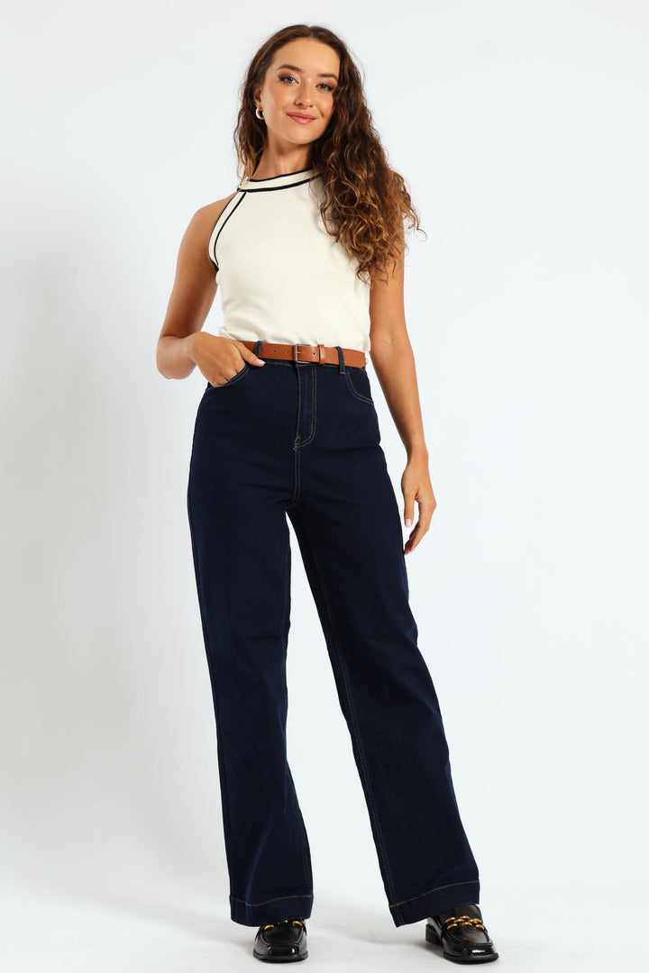 Pearl Belted Wide Leg Jean - Dark Wash Ink