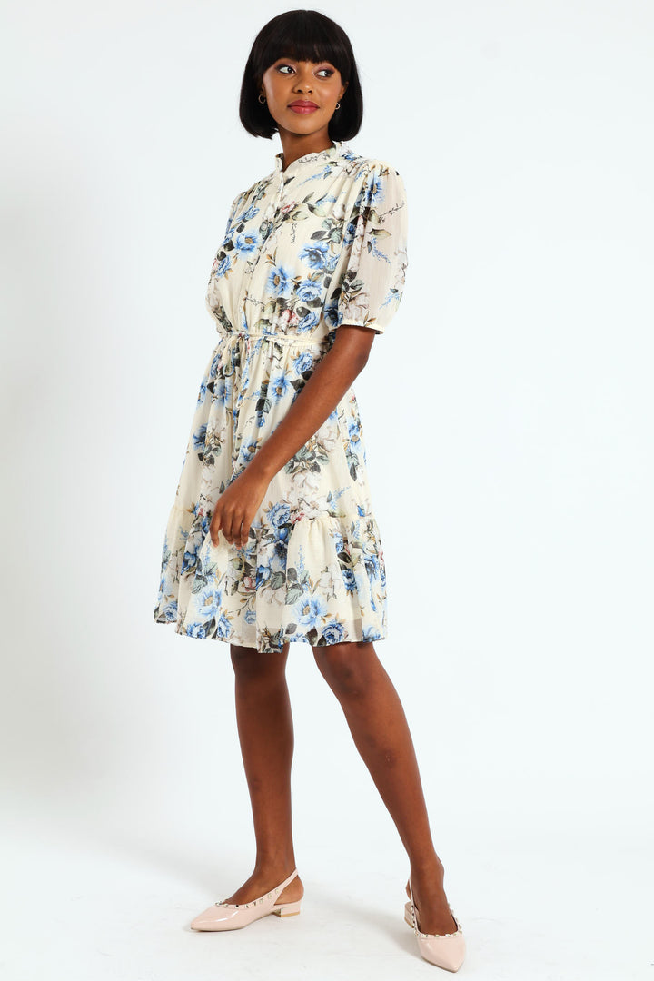 Mandarin Collar 3/4 Sleeve Tea Dress - White/Blue