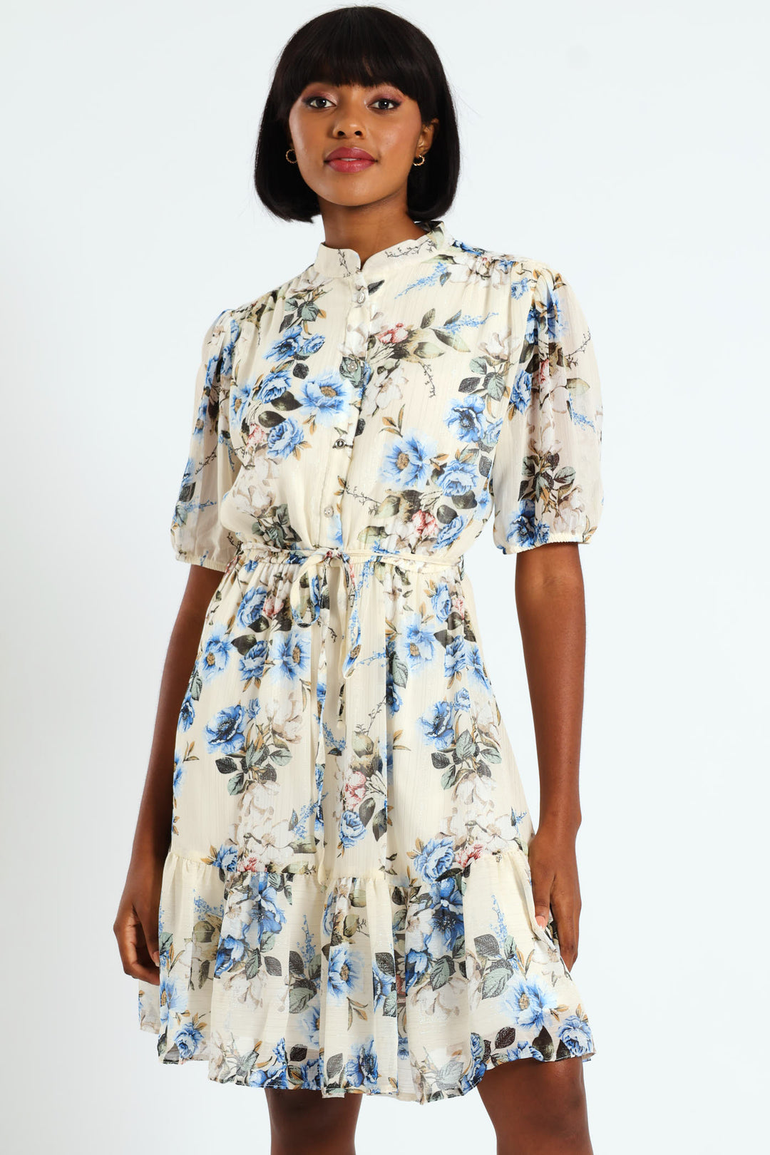 Mandarin Collar 3/4 Sleeve Tea Dress - White/Blue