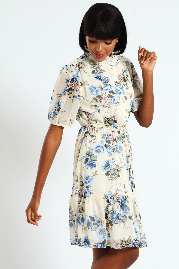 Mandarin Collar 3/4 Sleeve Tea Dress - White/Blue