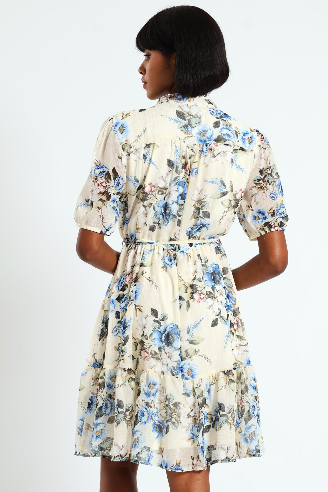 Mandarin Collar 3/4 Sleeve Tea Dress - White/Blue
