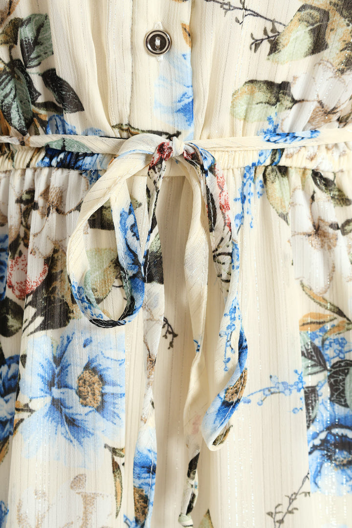 Mandarin Collar 3/4 Sleeve Tea Dress - White/Blue