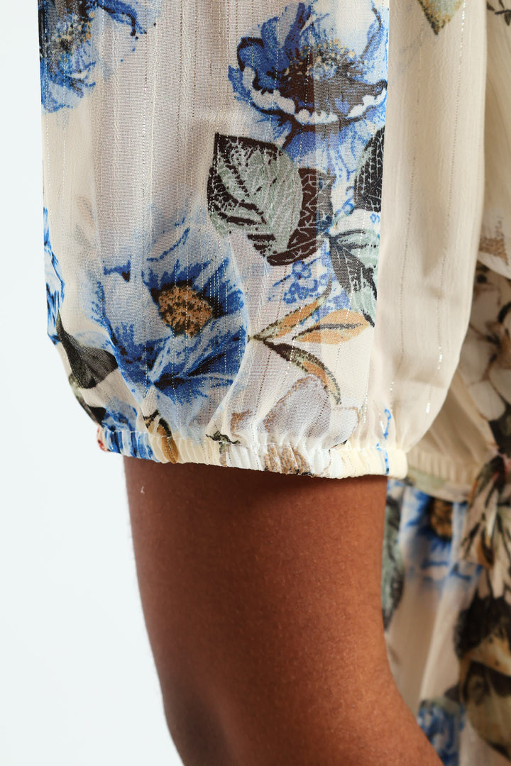 Mandarin Collar 3/4 Sleeve Tea Dress - White/Blue