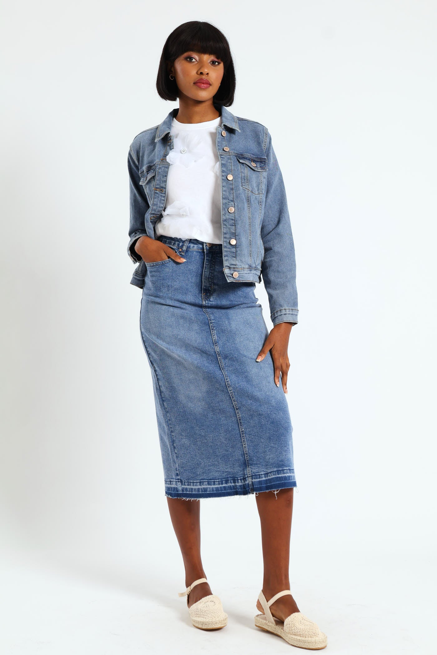 Ladies Denim Midi Skirt With Back Slit - Mid Blue – Edgars