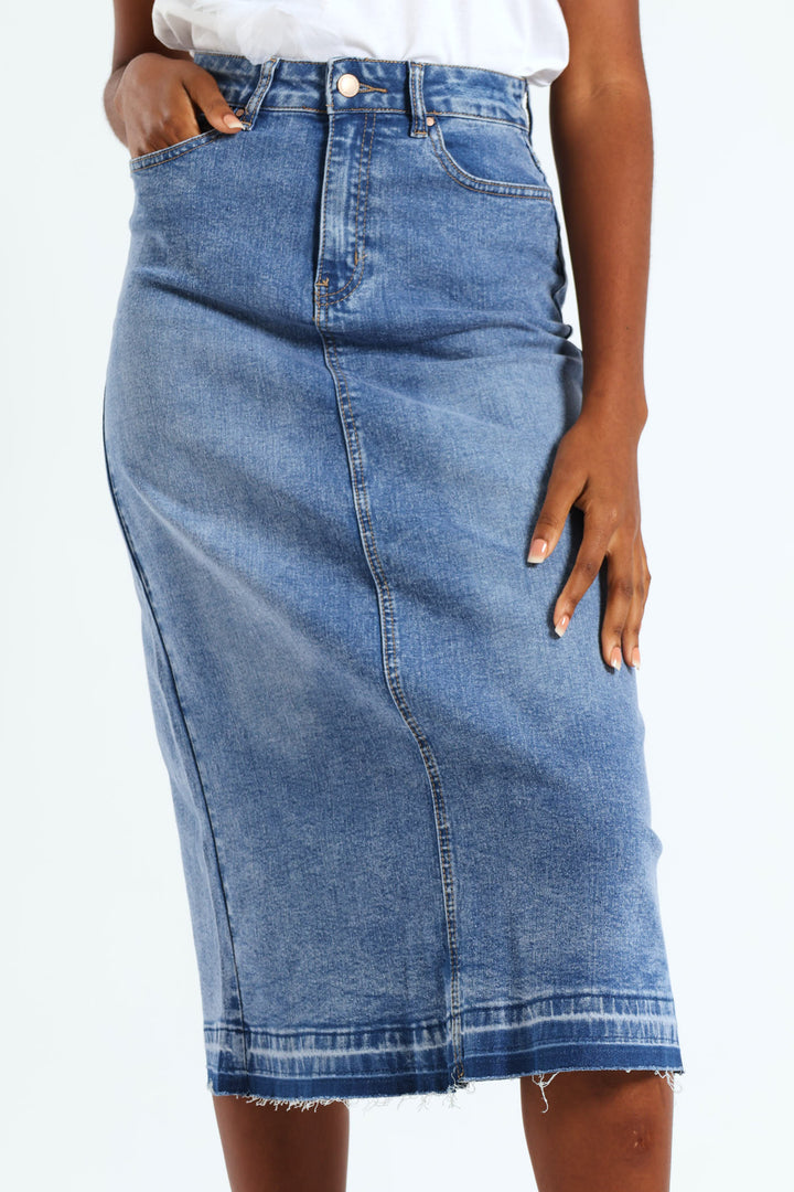 Denim Midi Skirt With Back Slit - Mid Blue