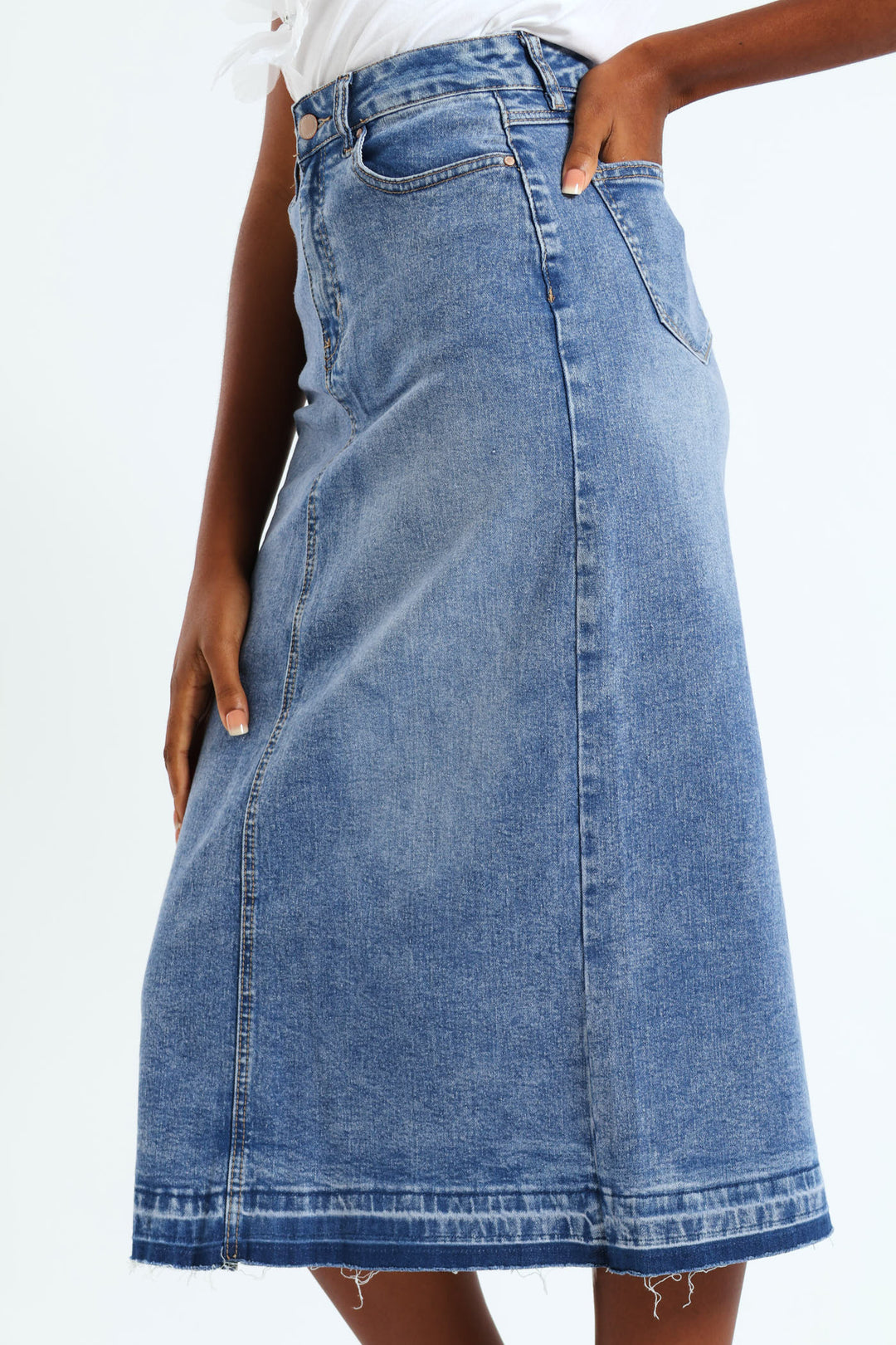 Denim Midi Skirt With Back Slit - Mid Blue