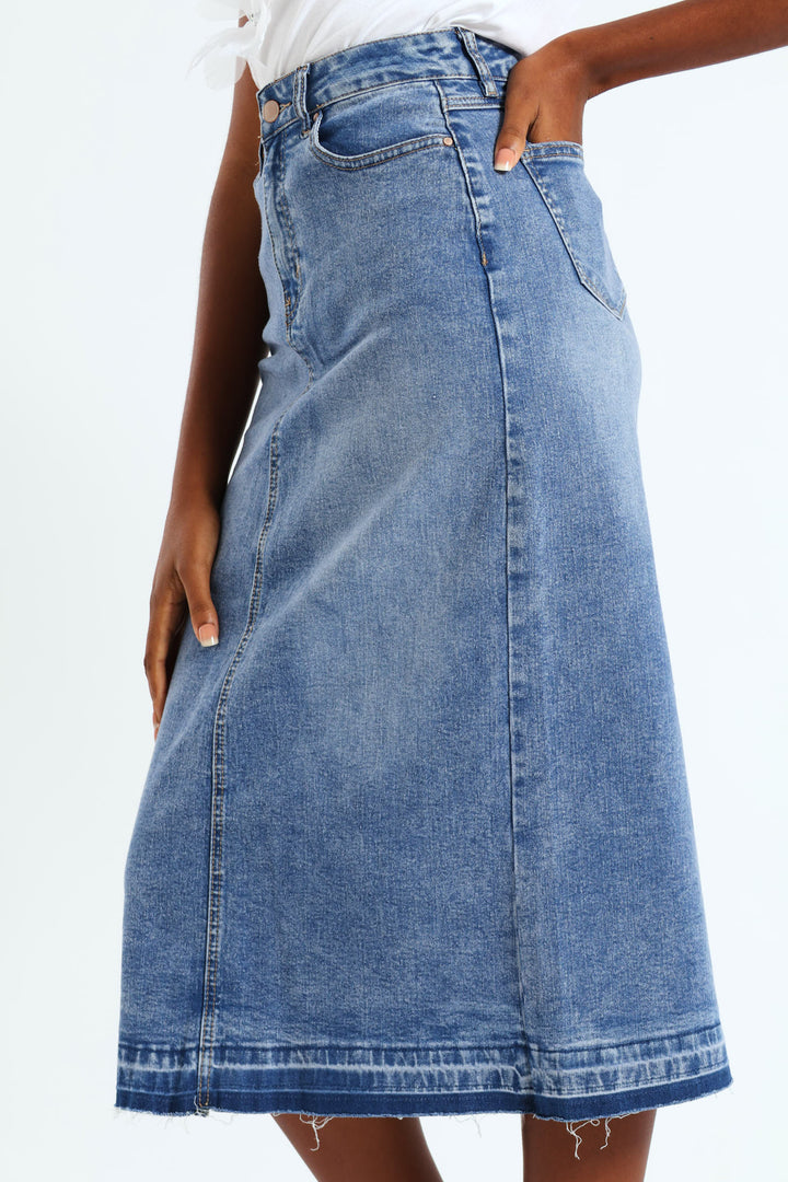 Denim Midi Skirt With Back Slit - Mid Blue