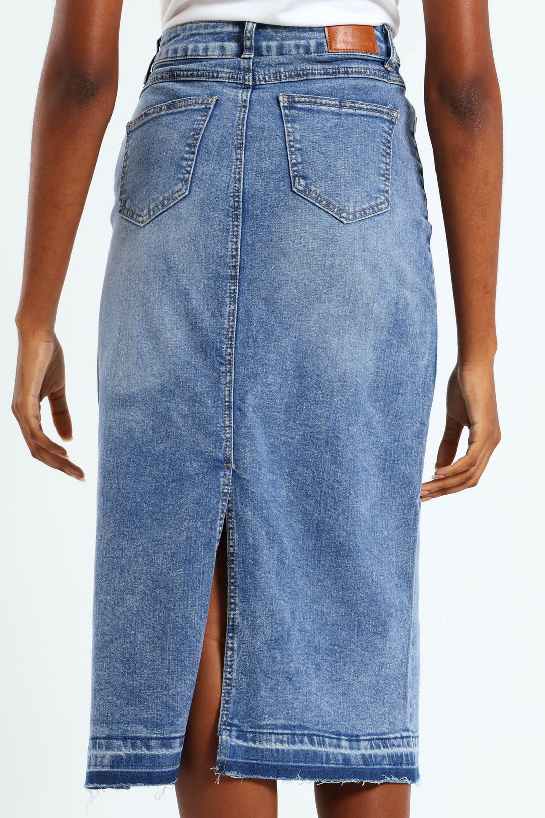 Denim Midi Skirt With Back Slit - Mid Blue