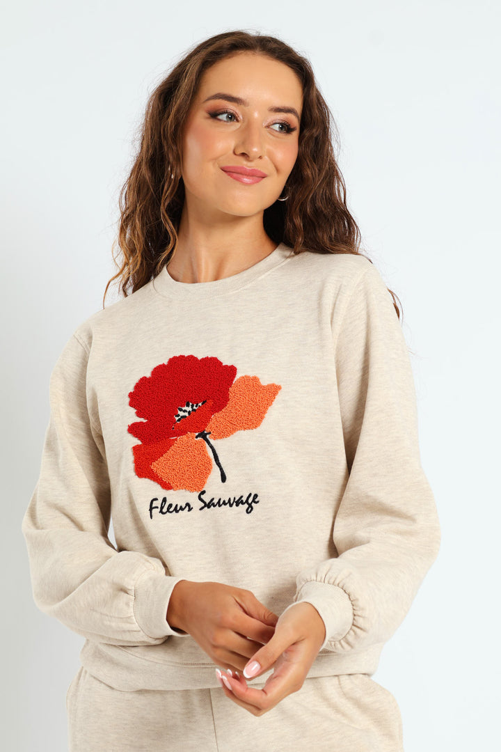 Flower Loop Embroidered Pullover - Oatmeal Melange