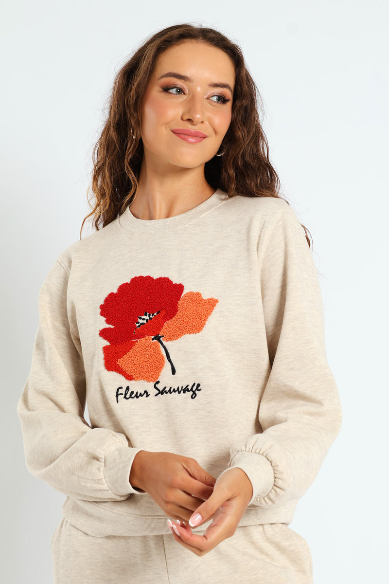 Flower Loop Embroidered Pullover - Oatmeal Melange