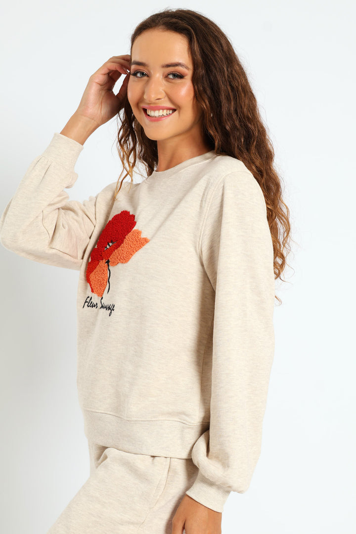 Flower Loop Embroidered Pullover - Oatmeal Melange