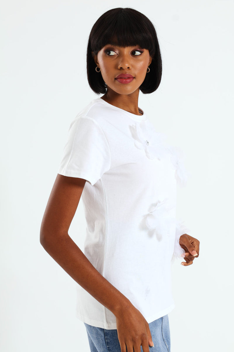 3D Flower Applique Oversized Tee - White