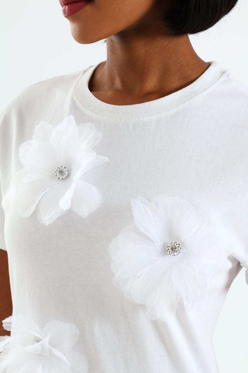 3D Flower Applique Oversized Tee - White