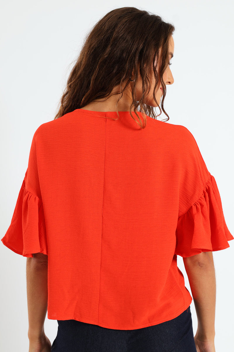 Oversized Frill Sleeve Boxy Top - Bright Orange