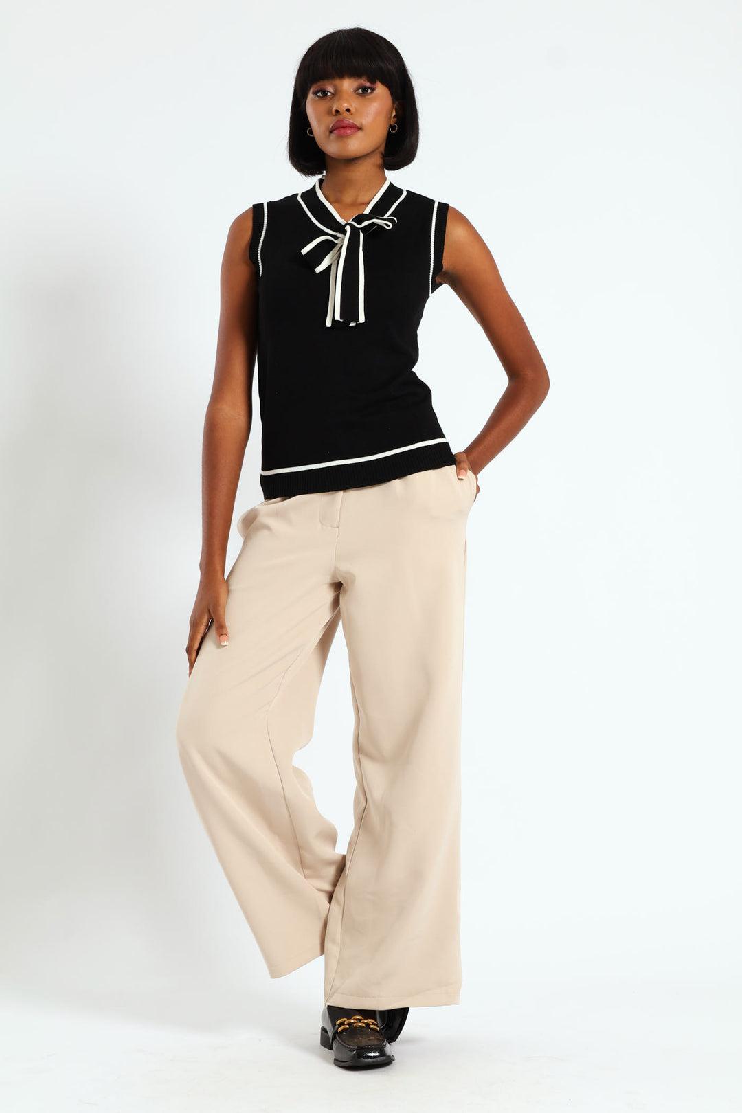Tipped Front Kitty Bow Top - Black