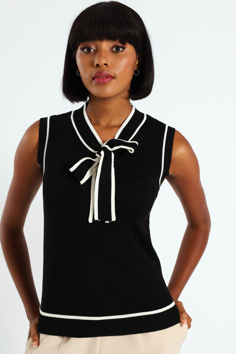 Tipped Front Kitty Bow Top - Black