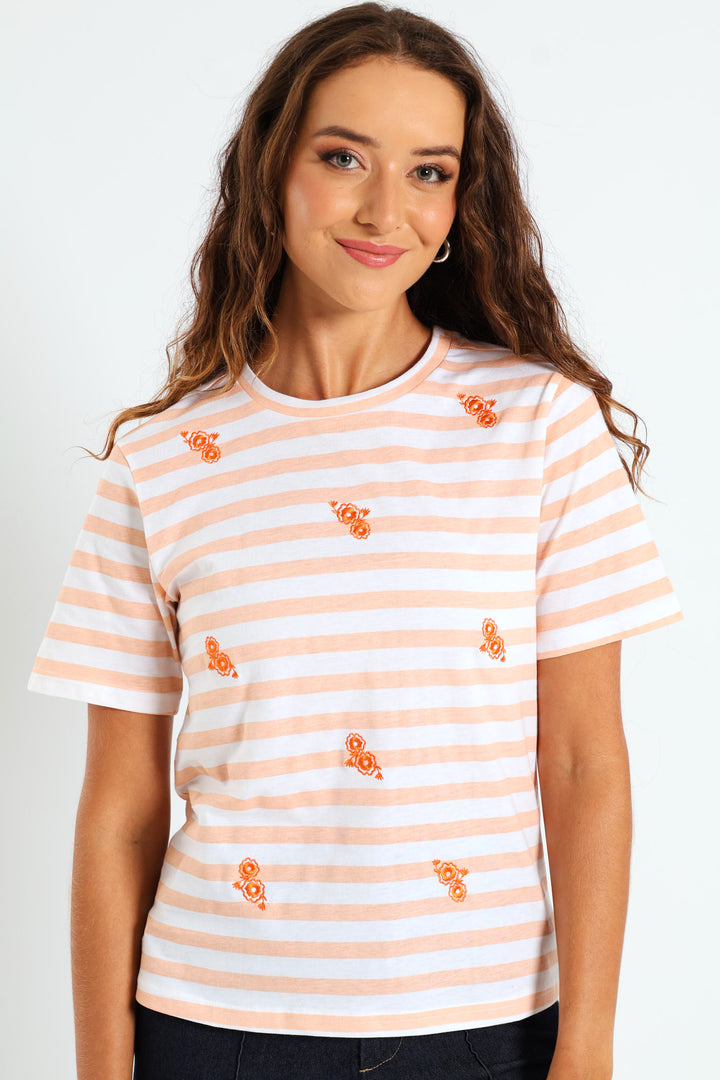 Boxy Embroidered Flowers Stripe Tee - Peach