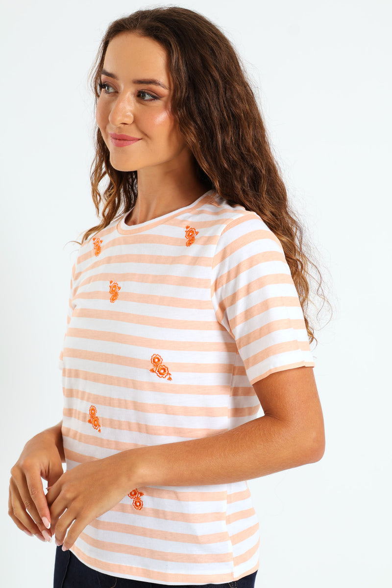 Boxy Embroidered Flowers Stripe Tee - Peach