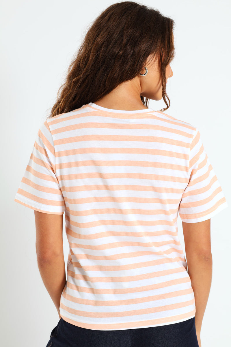 Boxy Embroidered Flowers Stripe Tee - Peach